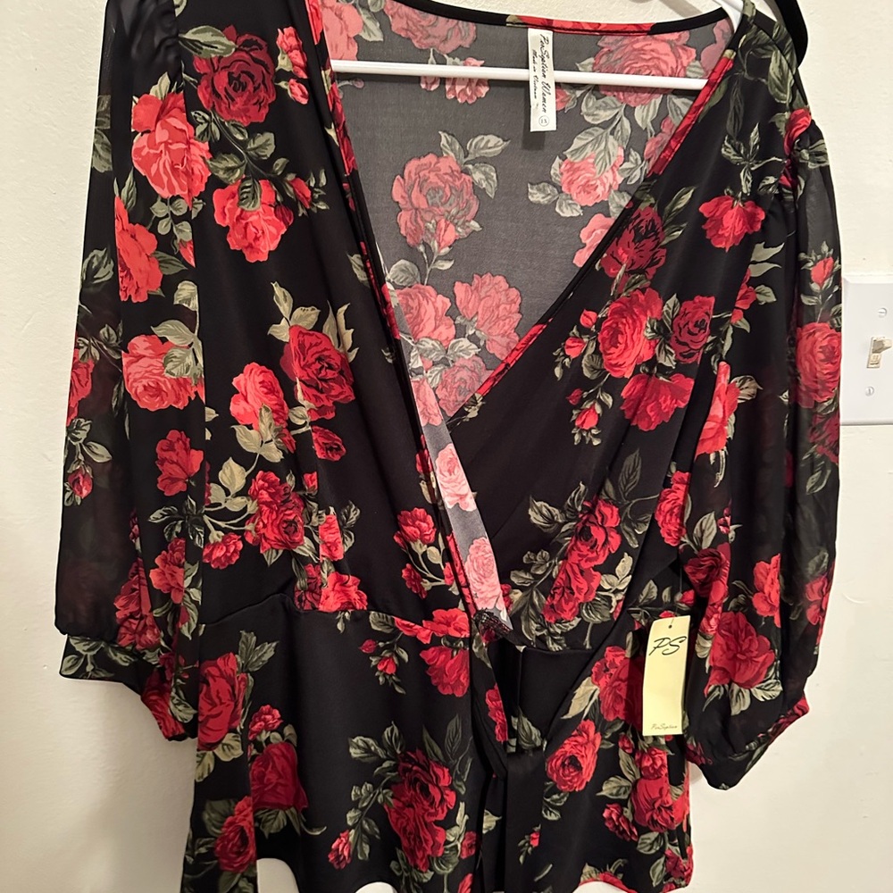 Floral Black and Red Wrap blouse roses persecution 1x